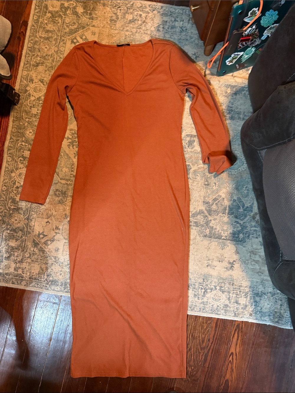SHEIN Long Sleeve V-Neck Maxi Dress in Rust Orange